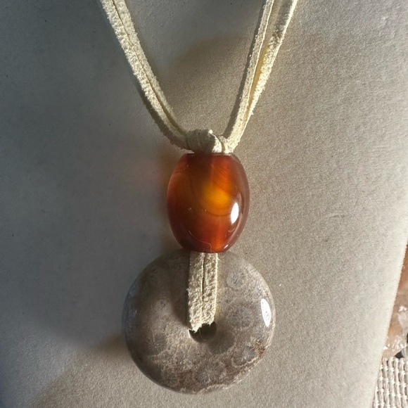 Coral Fossil Jade Donut Pendant Necklace - Picture 15 of 16